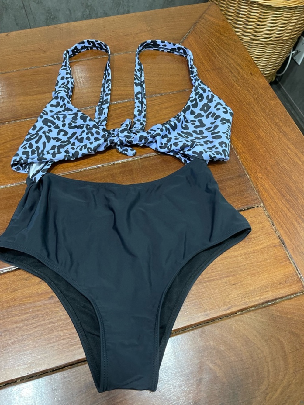 Leopard Print Tie-Front Bikini Top with Black High-Waist Bottom